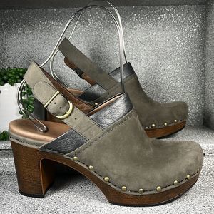 Dansko Delle Nubuck Leather Block Heels Clogs Mules Shoes Size 9.5 10